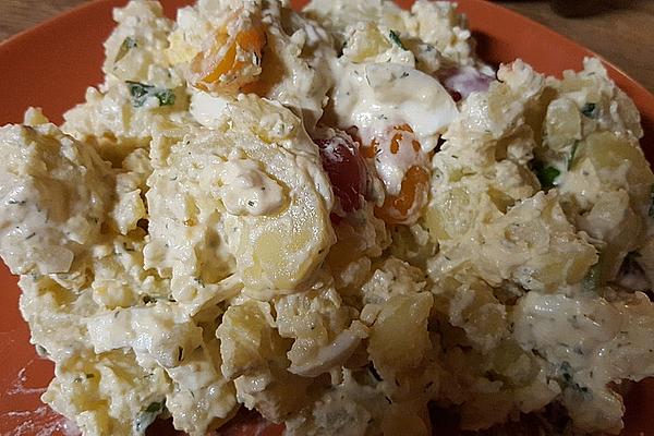 Potato Salad with Eggs, Feta Cheese, Tomatoes and Wild Garlic