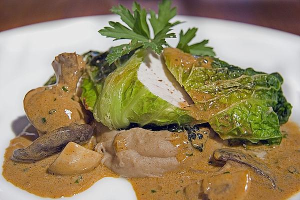 Poultry Breast in Savoy Cabbage Leaf on Chestnut Puree with Mushroom Sauce
