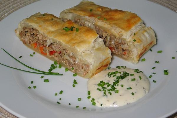 Puff Pastry Filled with Minced Meat, Paprika and Sheep Cheese