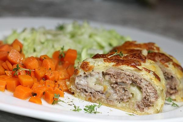 Puff Pastry Roll with Minced Meat and Cheese Filling
