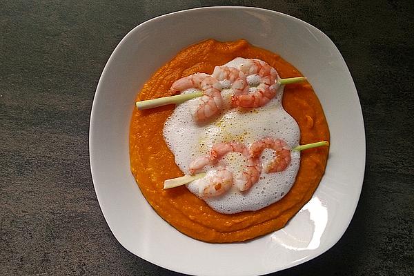 Pumpkin – Ginger Soup with Coconut Foam and Prawn Skewer