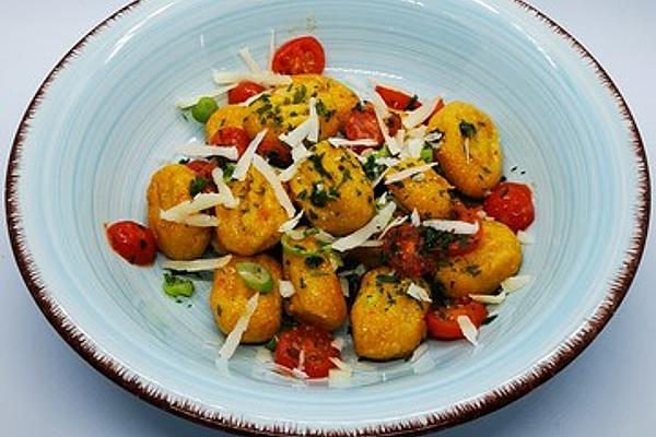 Pumpkin Gnocchi on Cherry Tomatoes with Fried Onions