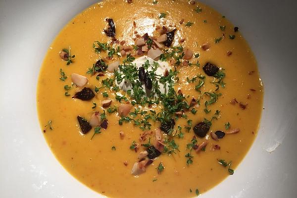 Pumpkin, Mango and Coconut Soup with Fig and Brazil Nut Topping