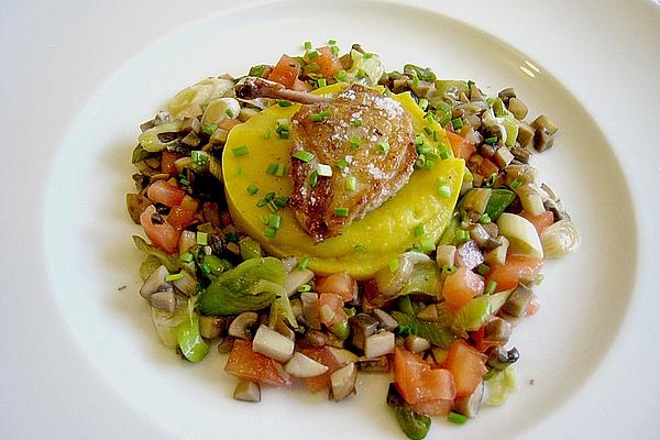 Quail Breasts on Yellow Pea Puree with Mushroom – Leek – Vegetables