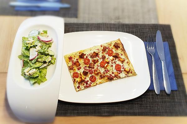 Quiche with Crème Fraîche, Bacon, Tomatoes, Cheese Cubes and Creamy Salad