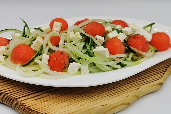 Quick Watermelon Feta Salad with Cucumber Spaghetti