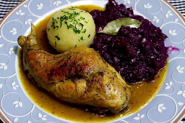 Rabbit Legs with Red Cabbage and Potatoes
