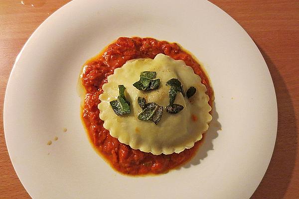 Ravioli with Porcini Mushrooms on Tomato Concassé with Sage Butter