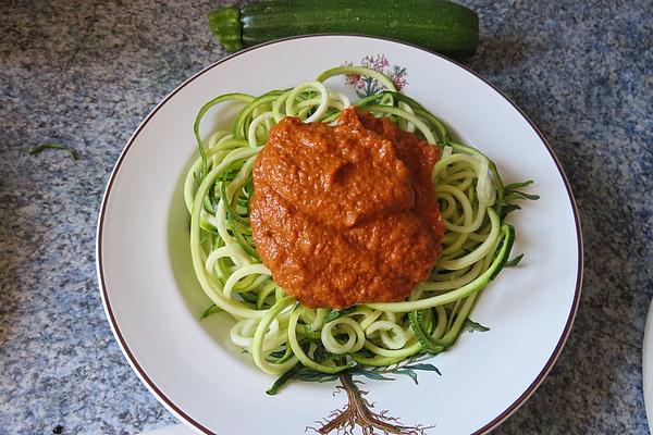 Raw Vegetables Zucchini Spaghetti with Red Pesto
