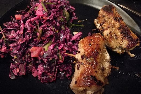 Red Cabbage and Coriander Coleslaw with Minute Steak Rolls