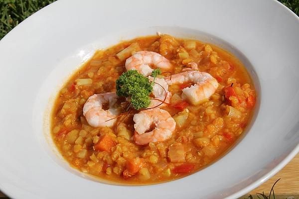 Red Lentil and Vegetable Soup with Prawns