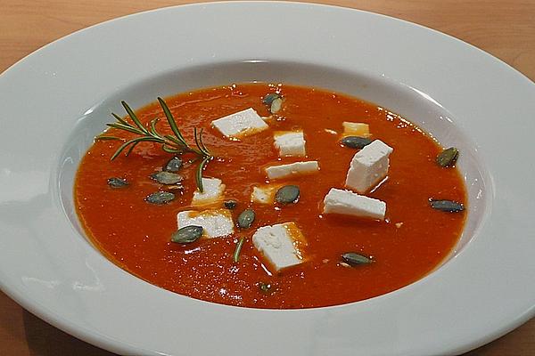 Red Pepper Soup with Pumpkin Seeds and Feta