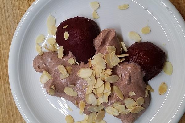 Red Wine Pears with Wine and Chocolate Cream