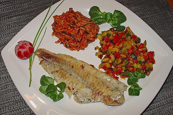 Redfish Fillet on Zucchini – Tomatoes – Olives – Compote with Chili Rice