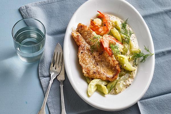 Redfish with Cucumber and Shrimp