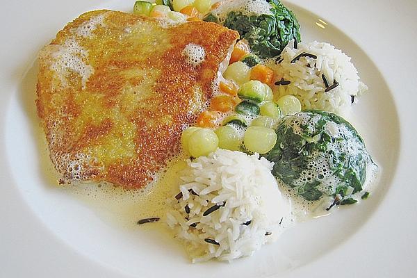 Redfish with Spinach, Vegetable Pearls, Rice and Champagne Sauce