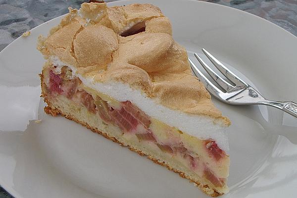 Rhubarb Curd Cake Under Meringue Topping
