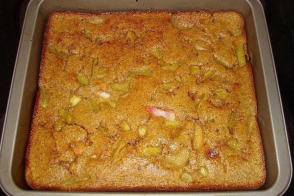 Rhubarb Sheet Cake with Cinnamon Sugar Crumble and Milk Icing