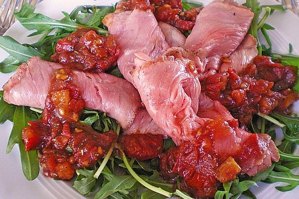 Roast Beef on Bed Of Rocket and Tomatoes