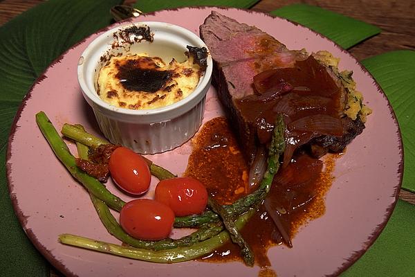 Roast Beef Under Herb Crust with Balsamic Red Wine Sauce, with Gratinated Potato Mash and Green Asparagus