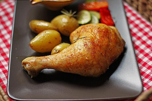 Roast Chicken with Herb Potatoes and Gorgonzola Dip