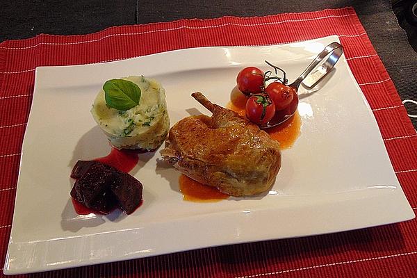 Roast Guinea Fowl with Basil Mashed Potatoes and Beetroot