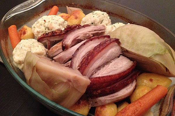 Roast Pork with Bread Dumplings and Horseradish Cabbage
