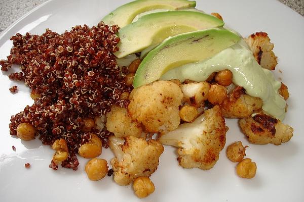 Roasted Cauliflower and Chickpeas with Avocado Sauce and Quinoa