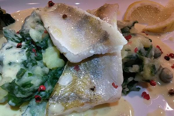 Roasted Fillet Of Pikeperch in Caper Sauce on Mashed Potatoes and Spinach