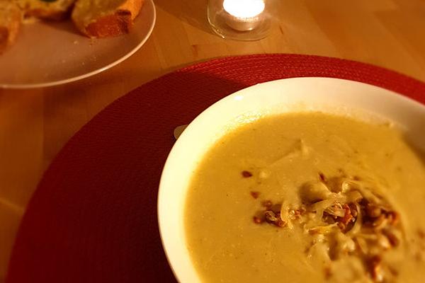 Roasted Potato and Brussels Sprouts Soup with Caramelized Walnuts