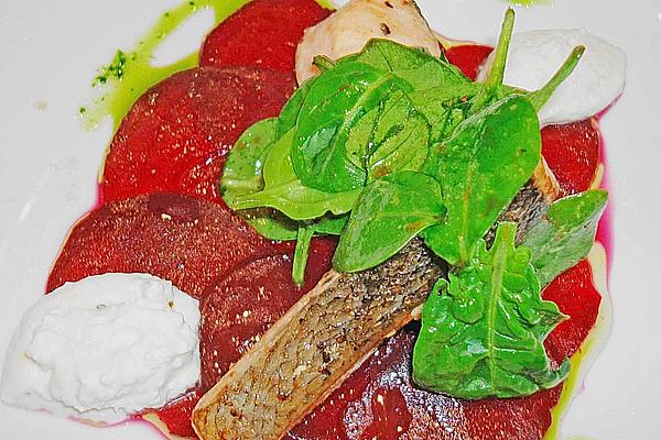 Roasted Salmon on Beetroot – Carpaccio with Spinach Salad and Horseradish Mousse