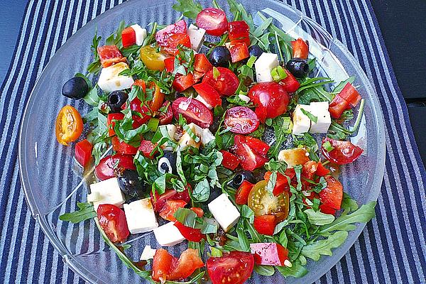 Rocket Salad with Olives, Tomatoes and Sheep Cheese