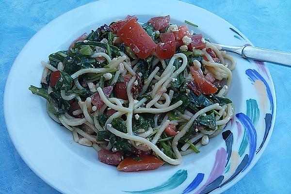 Rocket-Spaghetti Salad with Tomatoes and Sheep Cheese