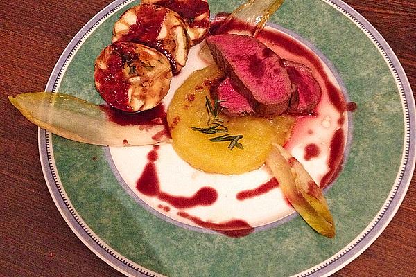 Saddle Of Deer with Apple – Rosemary Puree and Glazed Chicory
