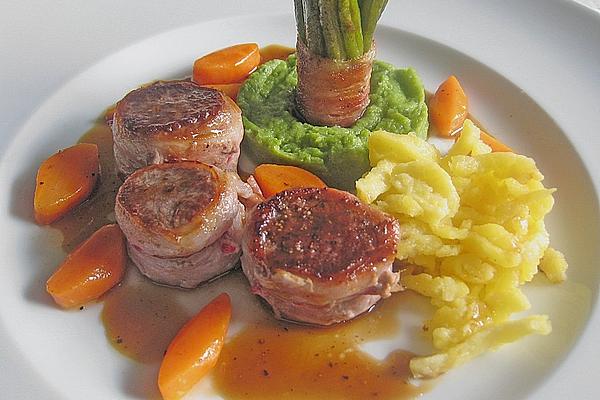 Saddle Of Lamb Medallions with Mashed Beans, Bean Parcels and Carrot Boats