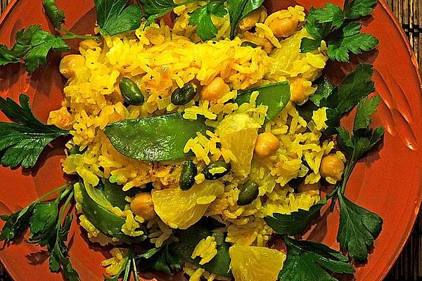 Saffron Rice Fried with Vegetables, Raisins and Pistachios