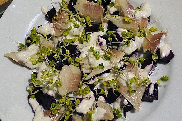 Salad Made from Beetroot, Smoked Trout and Sprouts