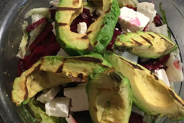 Salad with Beetroot Spaghetti, Grilled Avocado and Feta