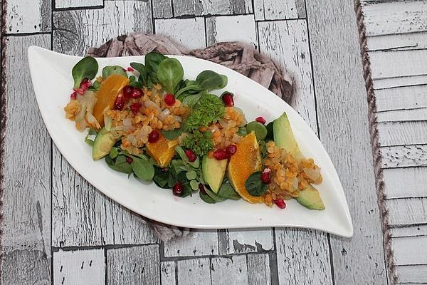 Salad with Red Lentils, Avocado, Orange and Pomegranate Seeds