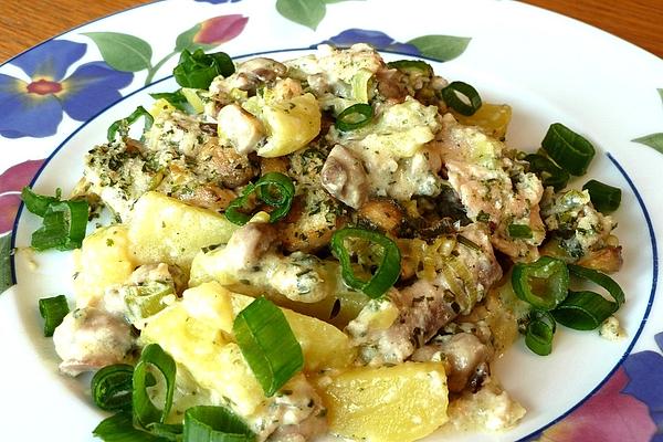 Salmon and Potato Gratin with Mushroom Cream