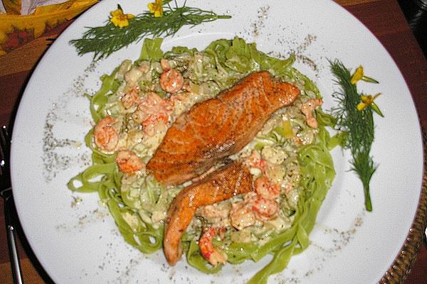 Salmon Fillet on Bed Of Pasta, with Honey – Mustard – Dill Sauce and Crayfish Tails