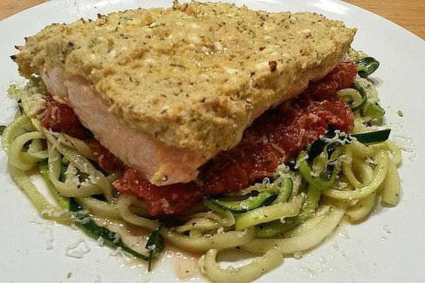 Salmon Fillet with Feta Mustard Herb Crust on Zucchini Noodles