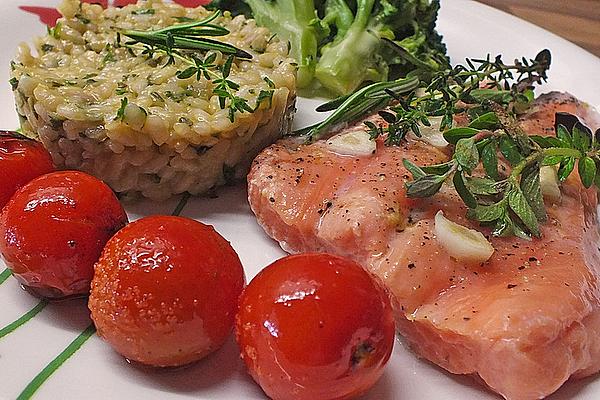 Salmon Fillet with Herb Risotto and Braised Cherry Tomatoes
