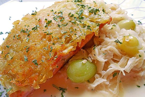 Salmon Fillet with Potato Crust on Champagne Cream Cabbage