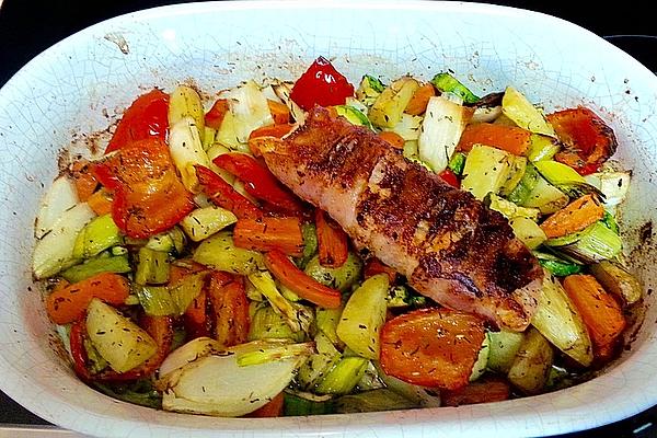 Salmon Fillet Wrapped in Bacon on Mediterranean Oven Vegetables