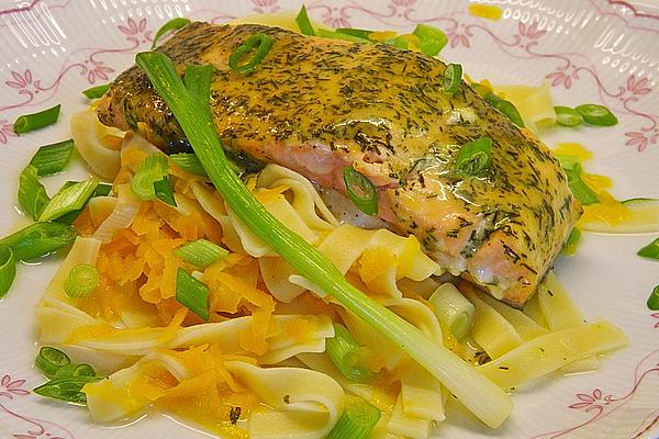Salmon in Mustard Marinade with Vegetable Noodles
