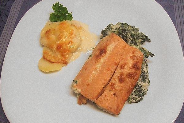 Salmon on Spinach Leaves