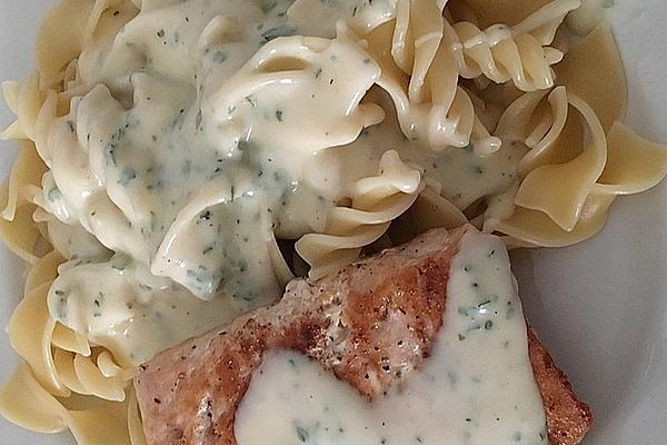Salmon Trout Fillet with Cheese Sauce on Ribbon Noodles