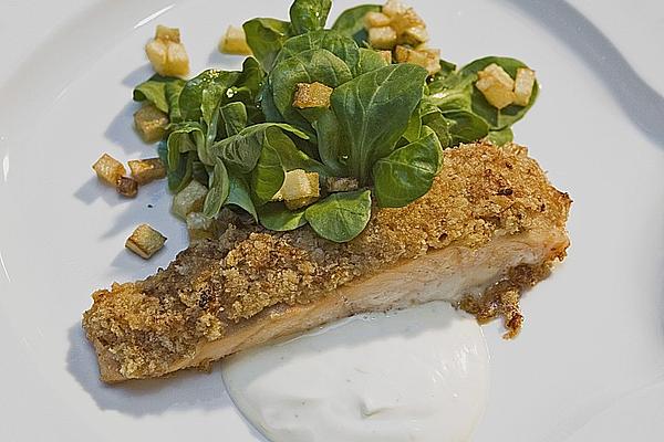 Salmon Under Horseradish Crust with Lamb`s Lettuce and Potato Croutons