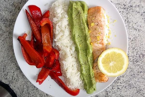 Salmon with Avocado Cream, Rice and Red Bell Pepper